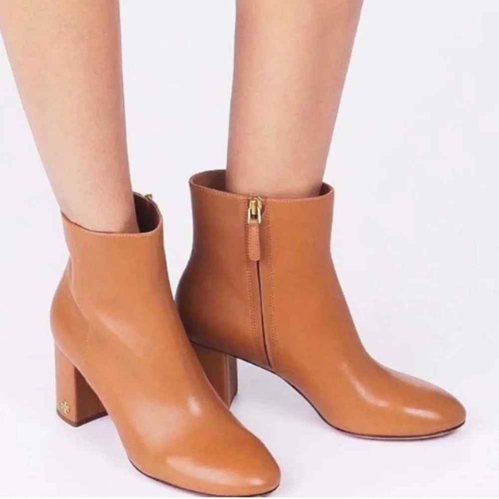 TORY BURCH Brooke Tan Camel Brown Leather Ankle Booties US 8 / 8.5 EU 38.5 READ